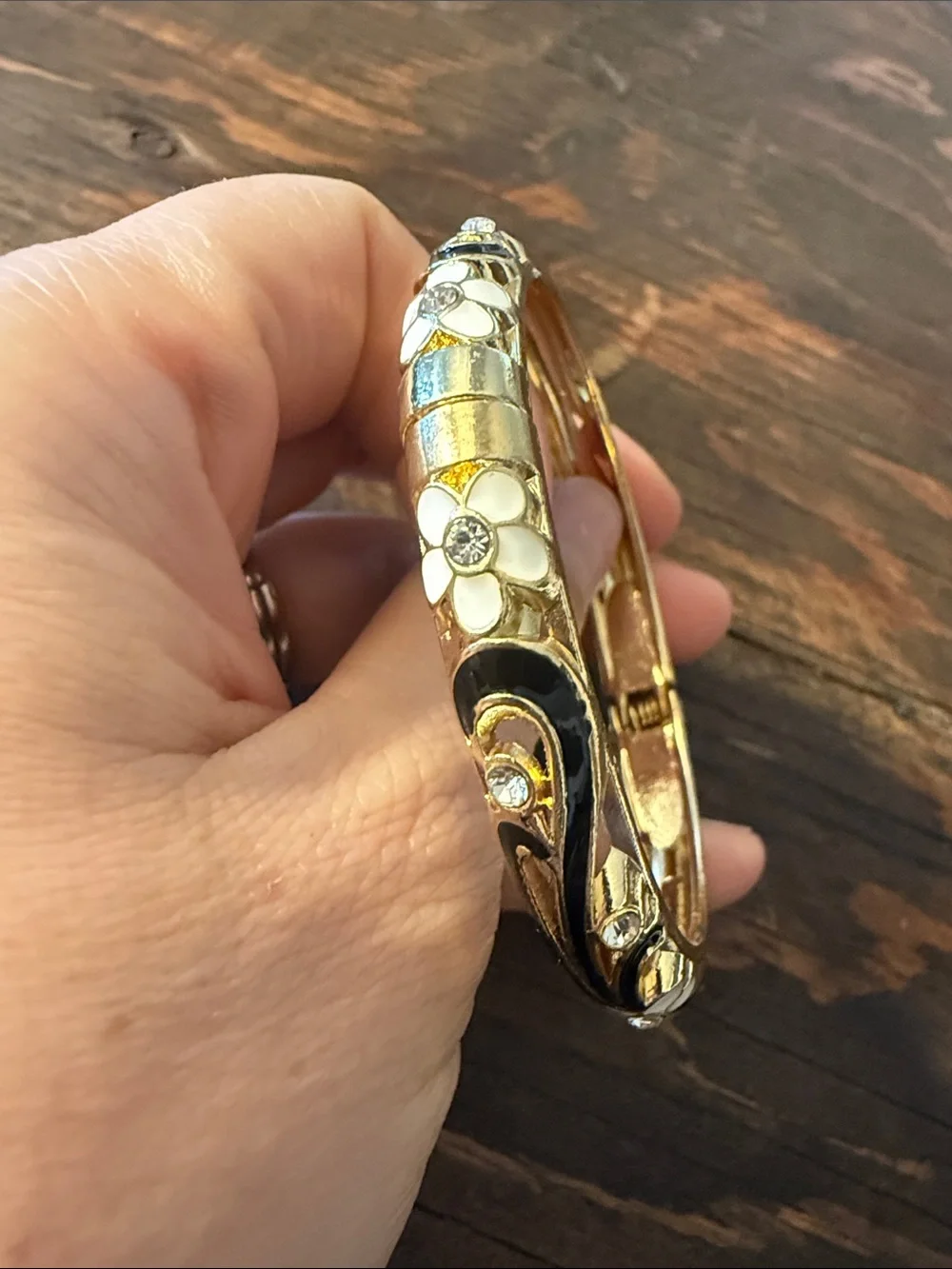 Gold Plated Enamel Flower & Crystal Enamel Flower Bangle Bracelet Black & White